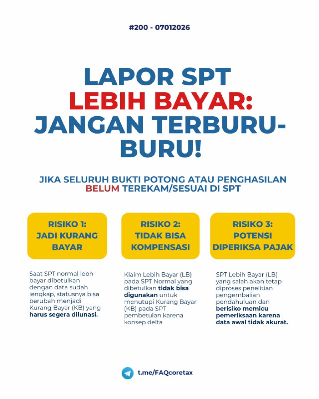 #Reminder#SPTTahunan🚨 Lapor SPT Tahunan cepat itu bagus tapi jangan terburu-buru. Pastikan dulu ini!✅ SEBELUM klik “Lapor”, pastikan:1️⃣ Semua Bukti Pemotongan PPh sudah MASUK, termasuk:- Bukti Potong A1/A2 (pegawai tetap)- Bukti potong dari semua pemberi penghasilan2️⃣ Semua penghasilan sudah dilaporkan, baik:- Yang dipotong pajak (ada bukti potong)- Maupun yang tidak dipotong pajak❗️ Kenapa ini penting?Jangan sampai SPT dilaporkan Lebih Bayar (LB) tapi datanya belum lengkap.⚠️ Risikonya serius:1️⃣ Saat dibetulkan → bisa jadi Kurang Bayar (KB)➜ WAJIB setor tunai, tidak bisa dikompensasikan dengan LB di SPT Normal(karena konsep delta).2️⃣ LB di SPT Normal tetap diproses➜ penelitian pengembalian pendahuluan atau pemeriksaan.3️⃣ Berpotensi pemeriksaan lebih dalam, karena penghasilan di SPT awal tidak lengkap.📚 Contoh Kasus: Pak Budi yang Terburu-buruPak Budi kerja di 2 perusahaan (PT A & PT B)Januari: lapor SPT hanya pakai A1 dari PT AStatus SPT Normal: Lebih Bayar  Rp5.000.000 (Karena penghasilan < PTKP) → pilih dikembalikan➡️ Maret: Bukti Potong PT B baru diterima➡️ SPT dibetulkan → ternyata Kurang Bayar Rp2.000.000 (Penghasilan digabungkan)❌ Akibatnya:💸 Harus setor Rp2.000.000 tunai❌ Tidak bisa potong dari LB Rp5.000.000🔍 Proses LB tetap jalan & berisiko pemeriksaan👉 Singkatnya: 